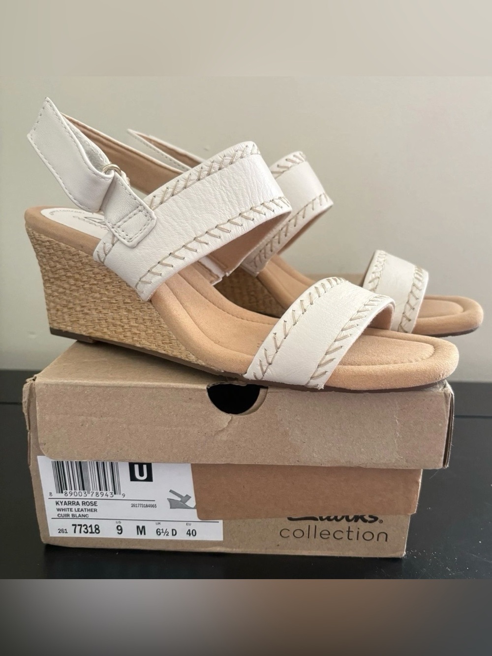 Clark’s Kyra Rose Nubuck Leather Wedge Sandals Ivory New In Box Size 9 US